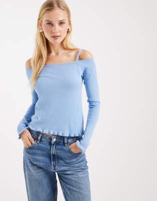 Mango - Teen - Schulterfreies Strickoberteil aus 100% Baumwolle in Blassblau