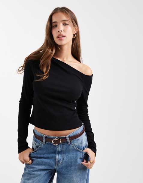 Mango Teen sculpt top with slash neck in black - view 1
