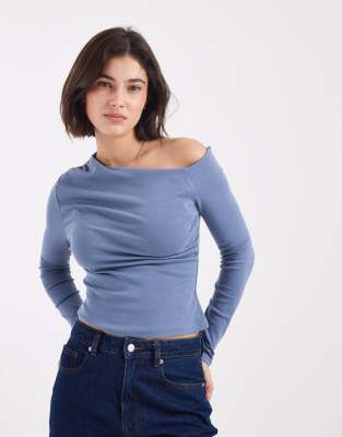 Mango Teen Sculpt Top With Slash Neck In Blue