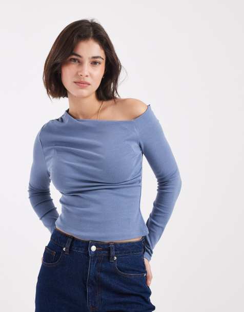 Mango Teen sculpt top with slash neck in blue 