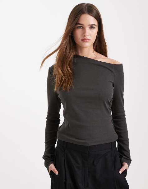 Mango Teen sculpt top with slash neck in charcoal - view 1