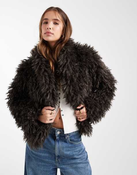 Mango Teen shaggy fur coat in chocolate - view 1