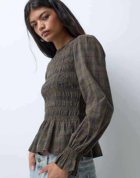 Mango Teen shirred long sleeve top in green check print - view 1