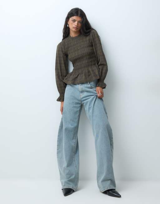 Mango Teen shirred long sleeve top in green check print, 2 of 5