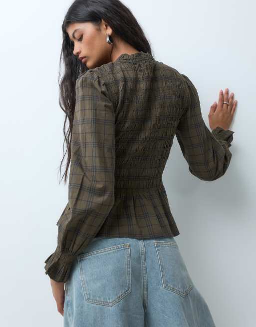Mango Teen shirred long sleeve top in green check print, 3 of 5