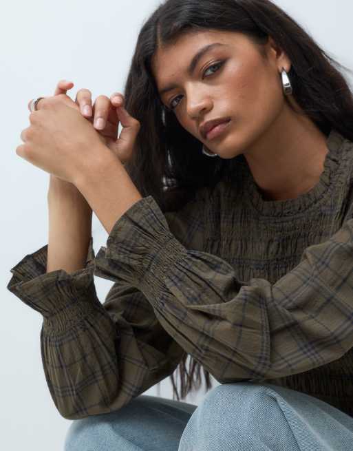 Mango Teen shirred long sleeve top in green check print, 4 of 5