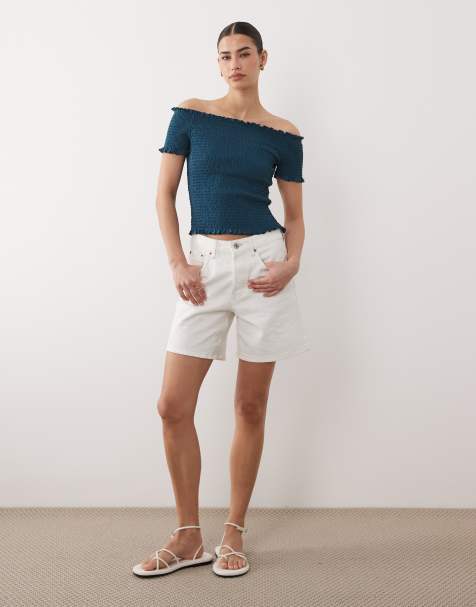 Mango Teen shirred off shoulder top in navy - view 1