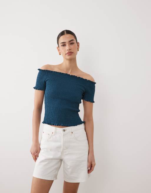 Mango Teen shirred off shoulder top in navy, 2 of 4