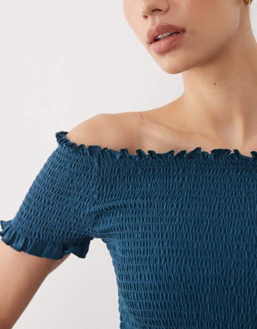 Mango Teen shirred off shoulder top in navy, 3 of 4