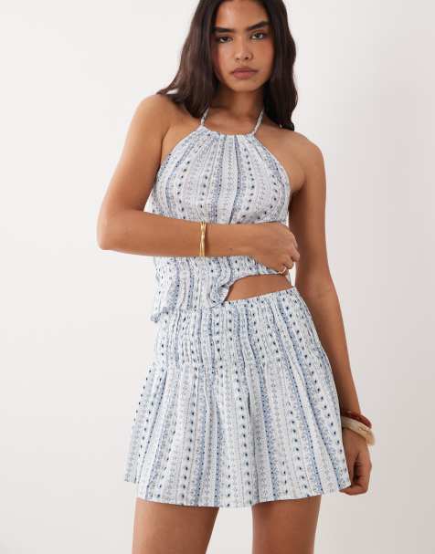 Mango Teen shirred waist mini skirt co-ord in blue print