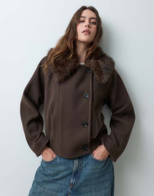 Mango Teen short jacket with faux fur collar in chocolate, 2 of 5