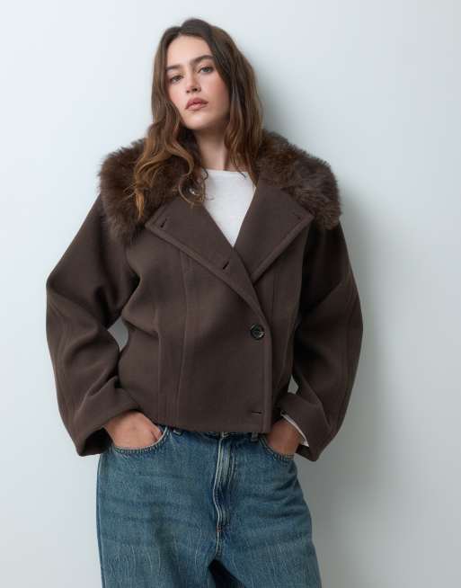 Mango Teen short jacket with faux fur collar in chocolate, 5 of 5