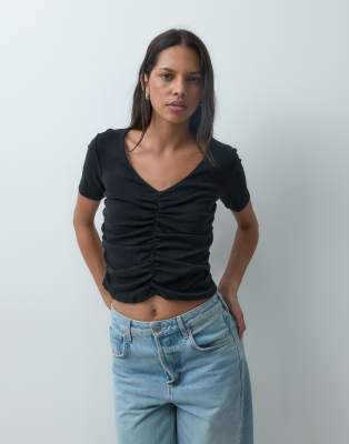 Mango Teen Short Sleeve Ruched T-shirt In Black