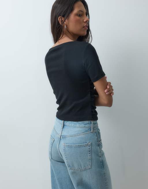 Mango Teen short sleeve ruched t-shirt in black, 4 of 4