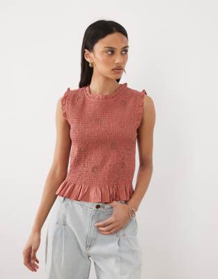 Mango Teen Sleeveless Shirred Top With Embroidery In Pink