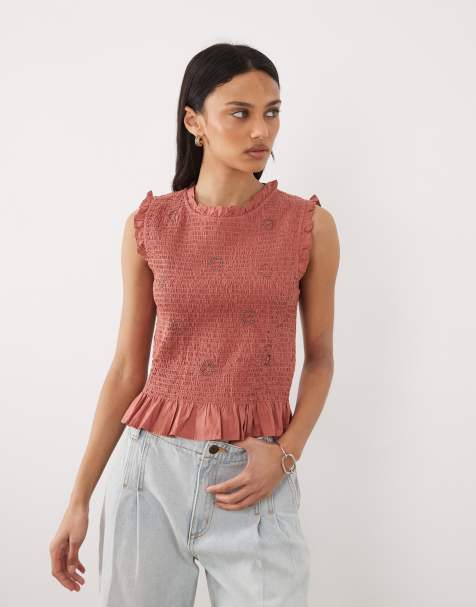 Mango Teen sleeveless shirred top with embroidery in peach - view 1