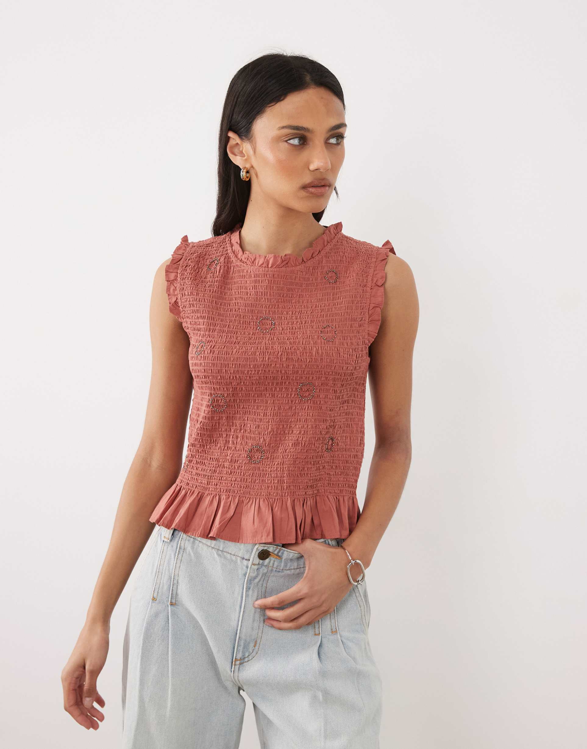 mango teen sleeveless shirred top with embroidery in peach