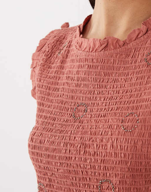 Mango Teen sleeveless shirred top with embroidery in peach, 3 of 4