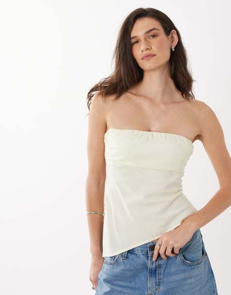 Mango - Teen - Smørgul offshoulder-top med asymmetrisk sømkant i hørblanding - view 1