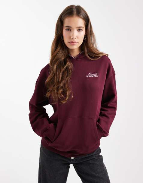 Mango Teen stitch detail hoodie in burgundy - view 1