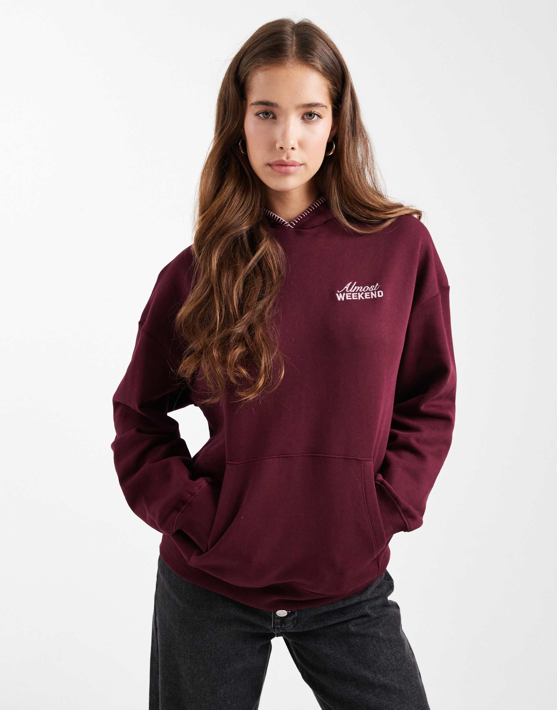 mango teen stitch detailing hoodie in burgundy