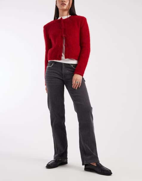 Mango Teen straight leg jean with stud pocket detail in washed black 