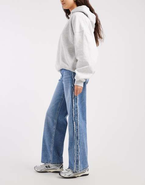 Mango Teen straight leg jeans with frayed trim in light blue - view 1