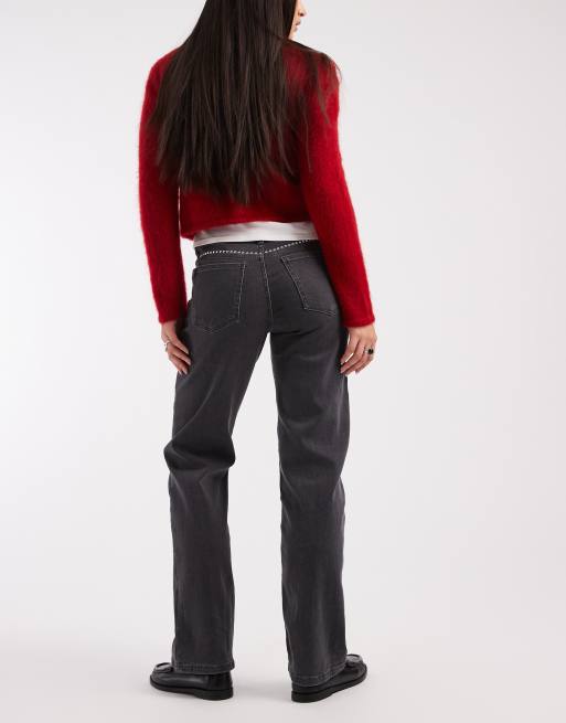 Mango Teen straight leg jeans with stud pocket detail in washed black , 3 of 5