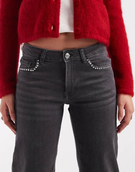 Mango Teen straight leg jeans with stud pocket detail in washed black , 4 of 5