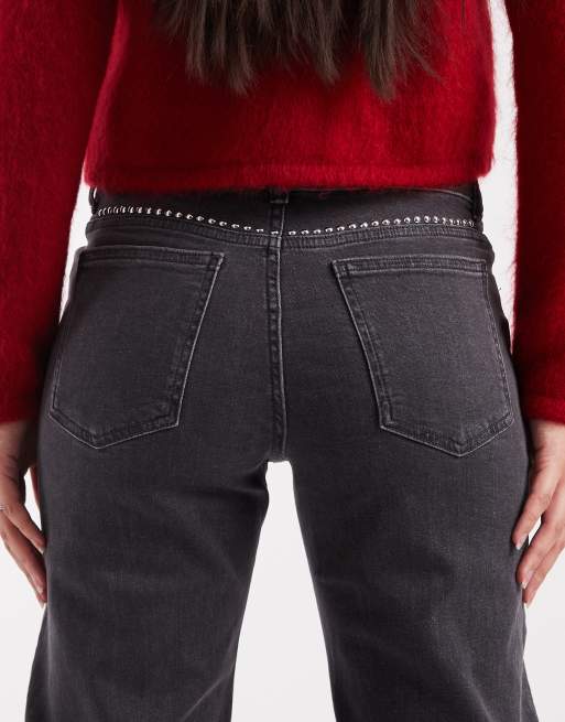 Mango Teen straight leg jeans with stud pocket detail in washed black , 5 of 5