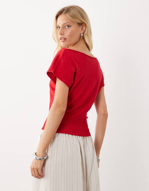 Mango Teen Strickoberteil mit taillierter Taille und kurzen Ärmeln in Rot, 3 von 4
