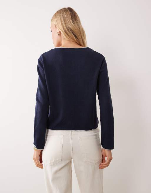 Mango Teen striktrøje med v-hals og kontrastkant i navy, 4 af 4