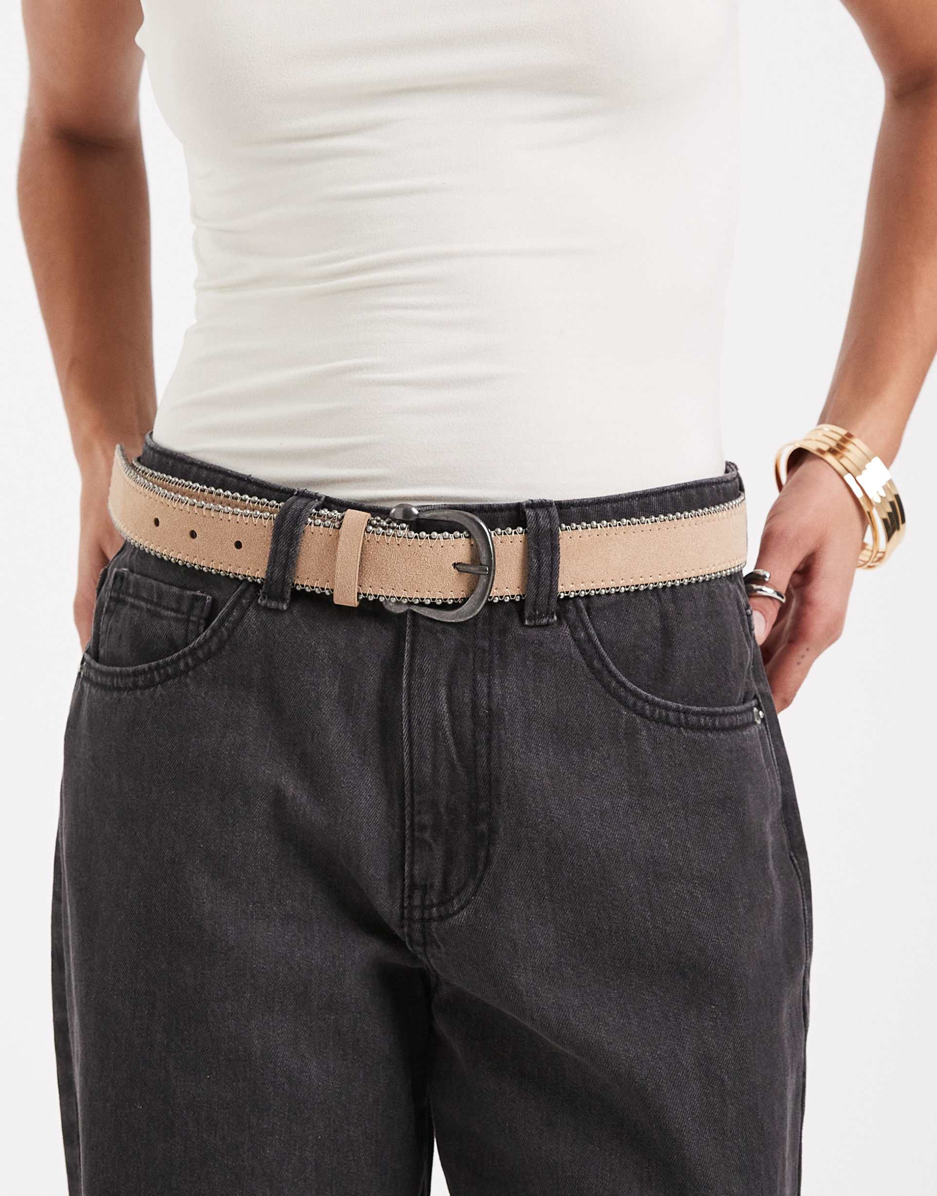mango teen studded belt with detailing in tan