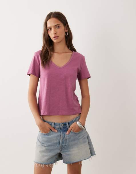 Mango Teen T-shirt met V-hals en kanten rand in roze - view 1