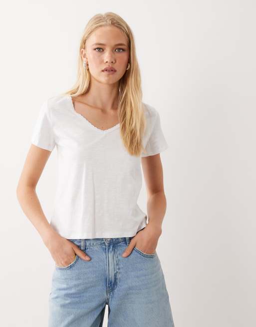 Mango Teen T-shirt met V-hals en kanten rand in wit, 2 van 4