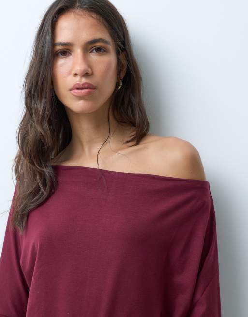 Mango Teen T-shirt monospalla a maniche lunghe bordeaux, 2 di 4