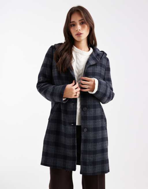 Mango Teen tailored hooden coat in blue check , 3 of 4