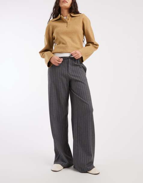 Mango Teen tailored straight drawstring trouser in grey pinstripe