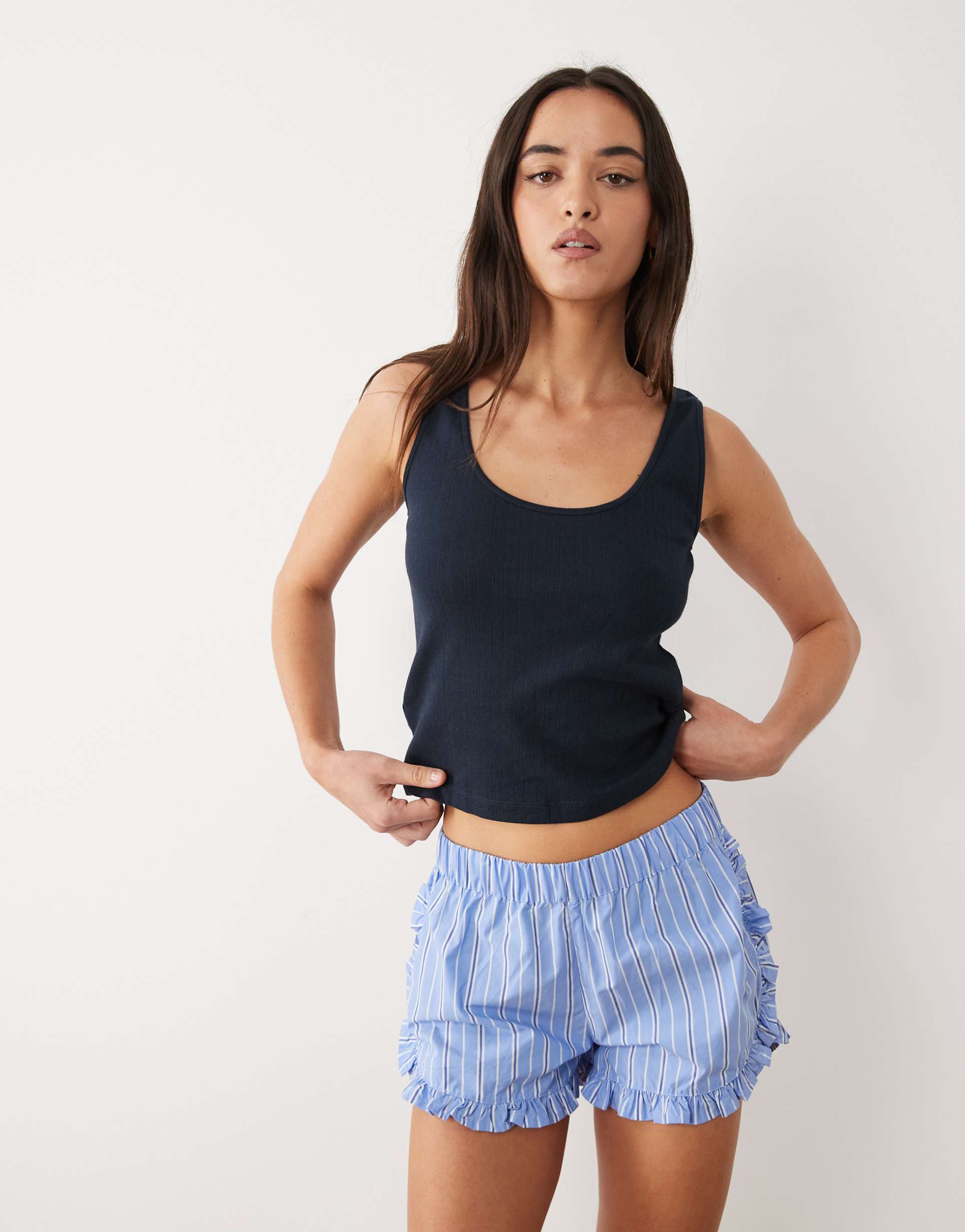 mango teen tank top and frill short pajama set in blue