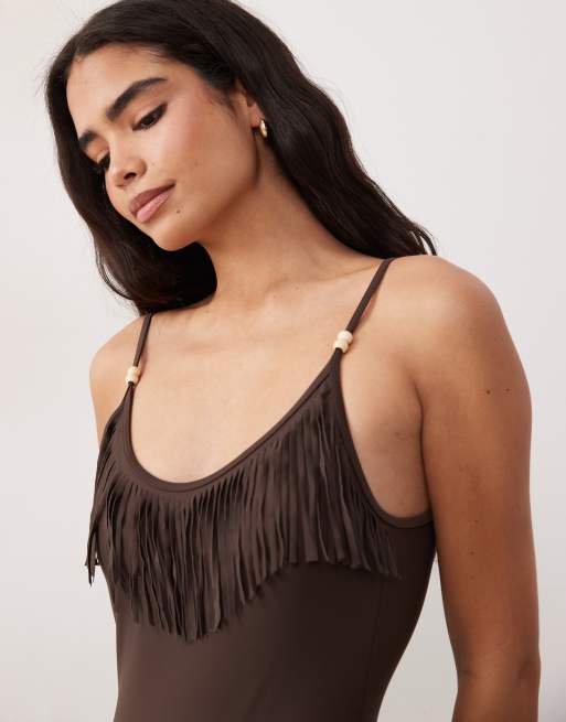 Mango Teen tassle swimsuit in brown, 3 of 4