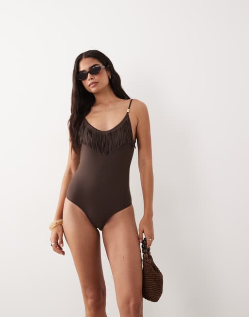 Mango Teen tassle swimsuit in brown, 4 of 4