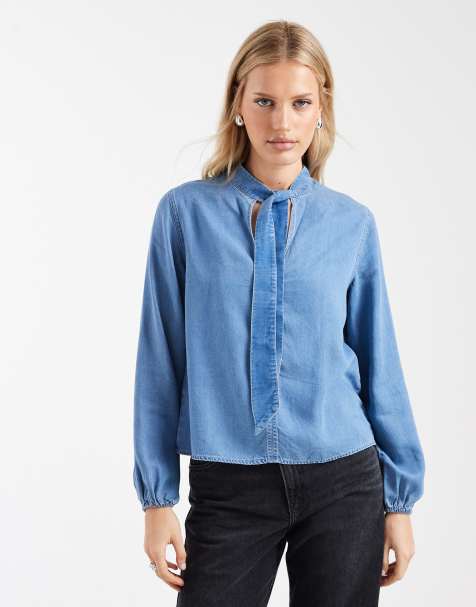 Mango Teen tie neck long sleeve denim blouse in mid blue - view 1