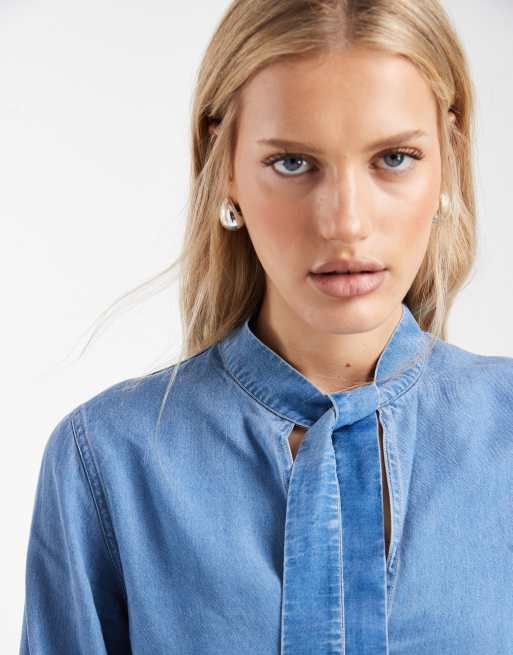 Mango Teen tie neck long sleeve denim blouse in mid blue, 2 of 4