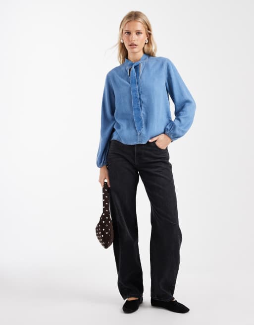 Mango Teen tie neck long sleeve denim blouse in mid blue, 3 of 4