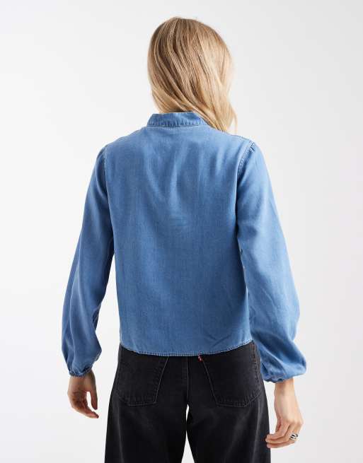 Mango Teen tie neck long sleeve denim blouse in mid blue, 4 of 4