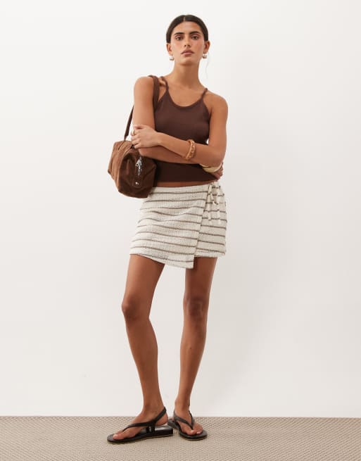 Mango Teen tie side mini skirt co-ord in beige stripe, 4 of 5