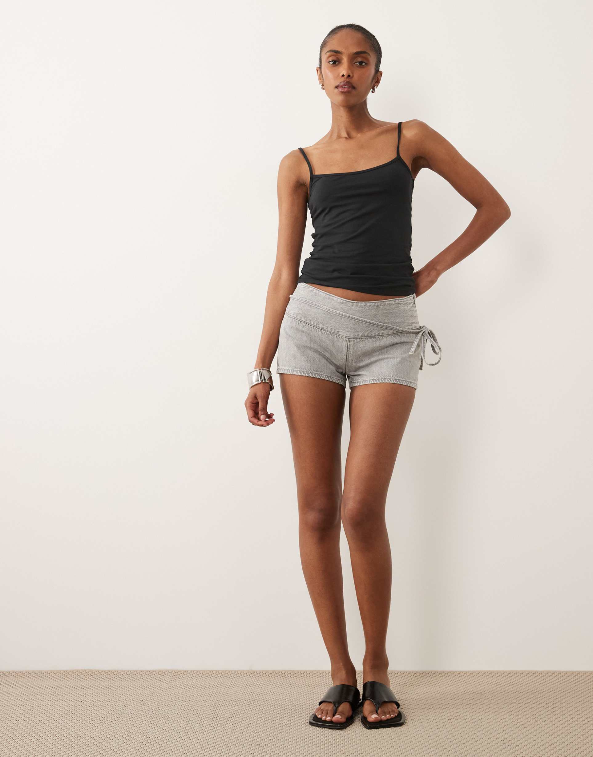 mango teen tie waist denim micro shorts in gray