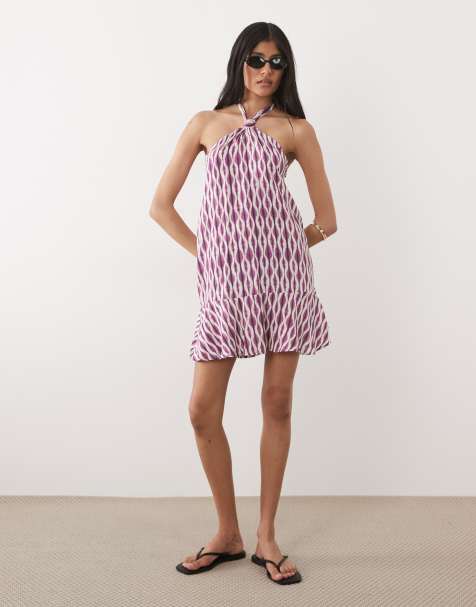 Mango Teen tie waist halterneck mini dress in purple print - view 1
