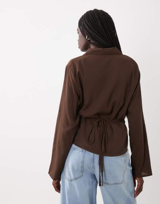 Mango Teen tie waist shirt in brown, 4 of 4