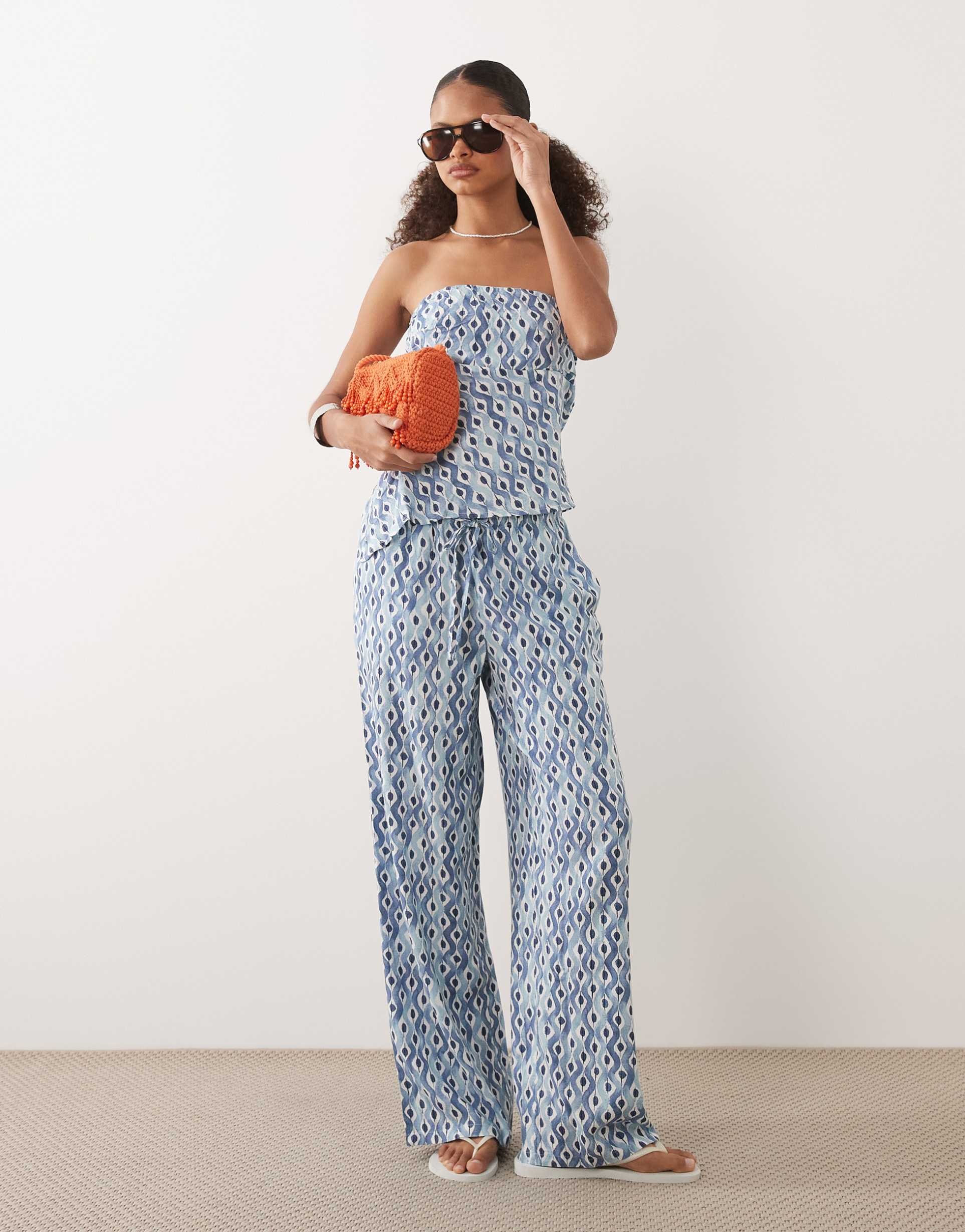 mango teen tie waist straight pants in blue print - part of a set